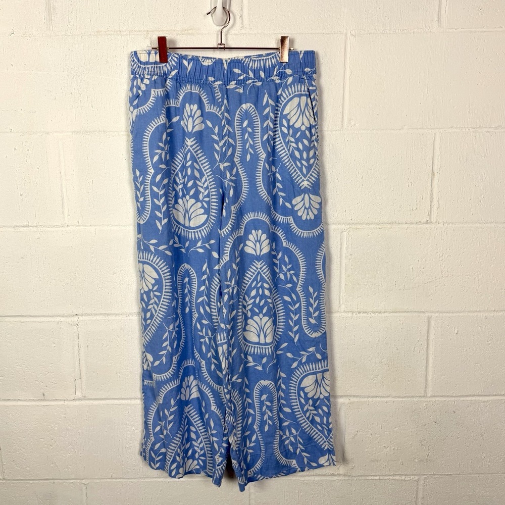 Joie 100% Linen Pants SZ M Wide Leg Pull On Blue Tropical Floral Resort Travel